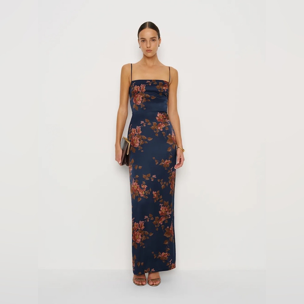 NEW Reformation Frankie Silk Maxi Navy Floral Dress Gown Lyric | US 0 UK 4 - Picture 2 of 12